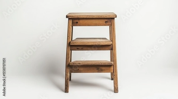 Obraz Wooden three-step stool against white background, showcasing simplicity