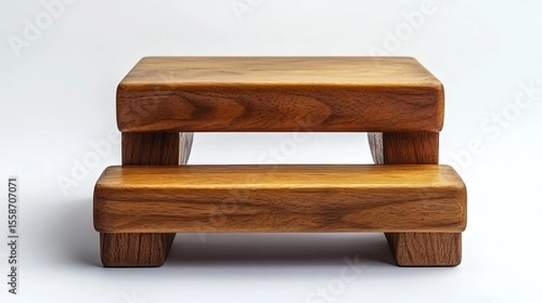 Obraz Wooden three-step stool against white background, showcasing simplicity