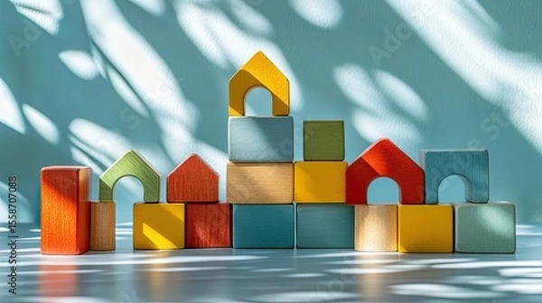 Obraz Wooden toy blocks arranged in sunlight on clean background for educational or child concept