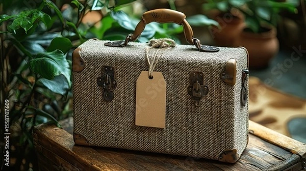 Obraz Woven suitcase with kraft tag flatlay, travel concept with natural materials, vintage style and eco-friendly focus