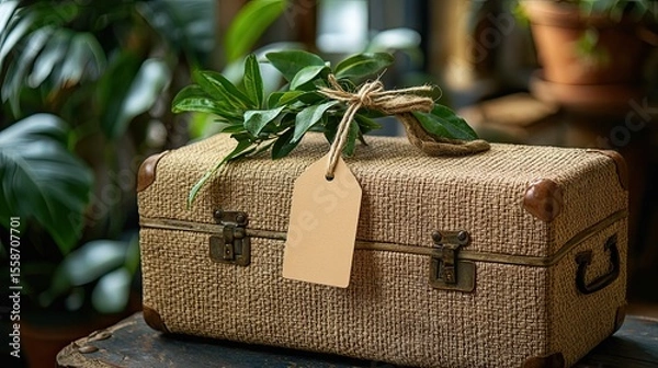 Obraz Woven suitcase with kraft tag flatlay, travel concept with natural materials, vintage style and eco-friendly focus