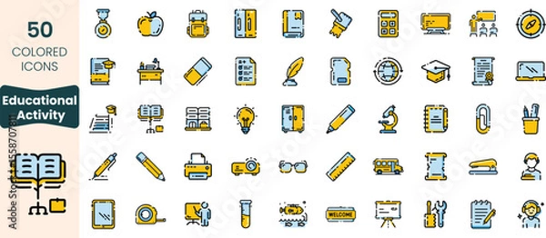 Fototapeta Collection of educational icons featuring tools, stationery, and symbols, perfect for representing learning and academic activities.