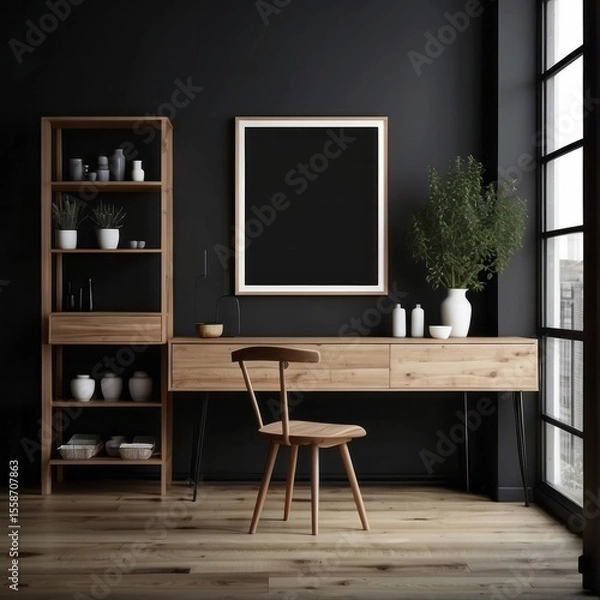 Fototapeta Blank mock up poster frame on black wall. Wooden cabinet and shelf