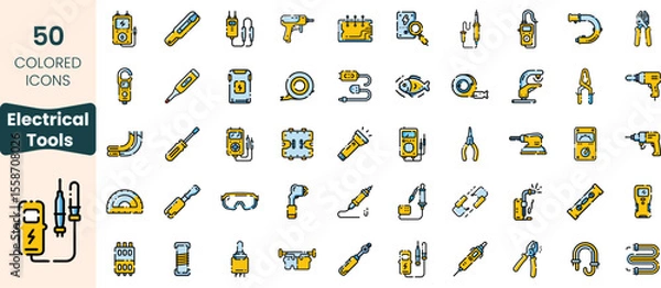 Fototapeta Collection of 50 colored icons representing various electrical tools, showcasing their diversity and utility in a visually engaging layout.