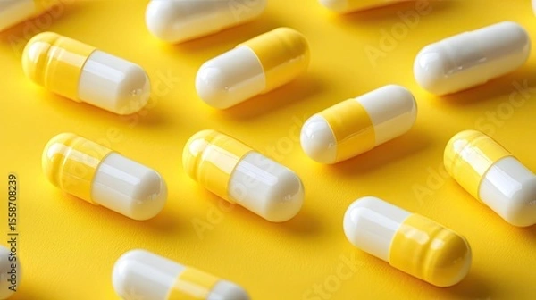 Obraz Yellow and White Capsules Arranged on Bright Yellow Background with Soft Shadows for Pharmaceutical Product Presentation