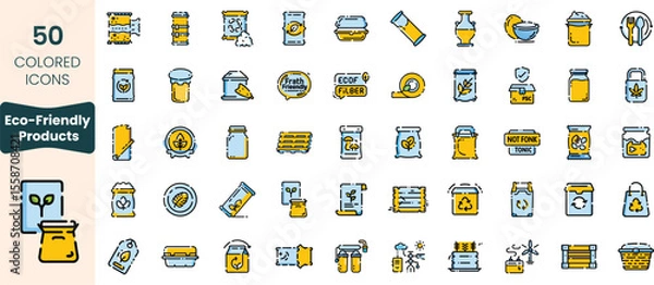 Fototapeta A collection of 50 colorful icons representing eco-friendly products, featuring items like jars, containers, and recycling symbols, emphasizing sustainability and green living.