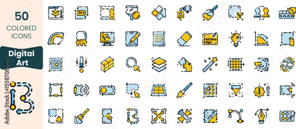 Fototapeta Collection of 50 colored icons representing various aspects of digital art, showcasing tools and creative elements in a playful, modern style.
