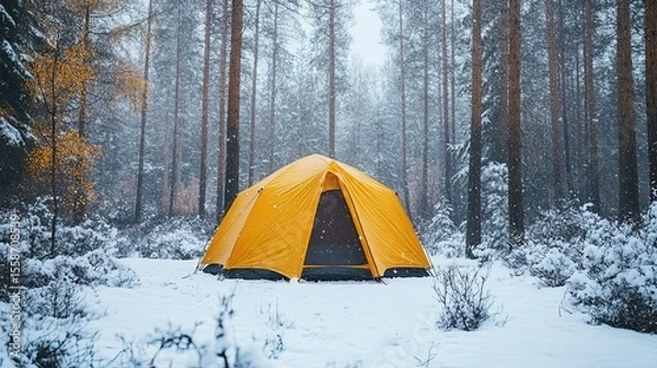 Obraz Yellow tent in snowy forest surrounded by trees and winter atmosphere for camping concept