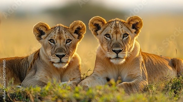 Obraz Young Lion Couple Relaxing in Kenya Savannah with Focus on Faces and Calm Expressions in Warm Sunlight