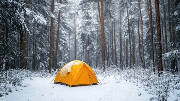 Obraz Yellow tent in snowy forest surrounded by trees and winter atmosphere for camping concept