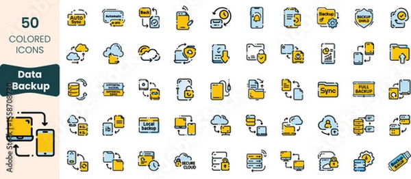Fototapeta Collection of data backup icons featuring cloud storage, synchronization, and security themes suitable for tech-related projects.