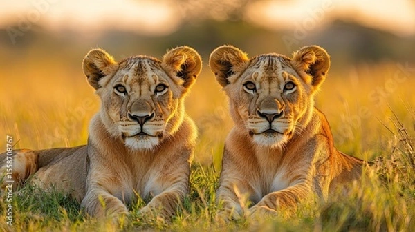 Obraz Young Lion Couple Relaxing in Kenya Savannah with Focus on Faces and Calm Expressions in Warm Sunlight