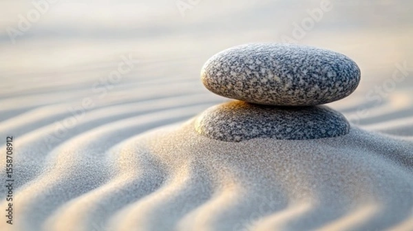 Obraz Zen garden stone resting on soft sand with concentric lines for relaxation and mindfulness