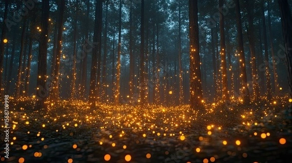Obraz Magical Forest Scene with Glowing Lights Floating Among Tall Trees Creating Enchanted Atmosphere at Dusk