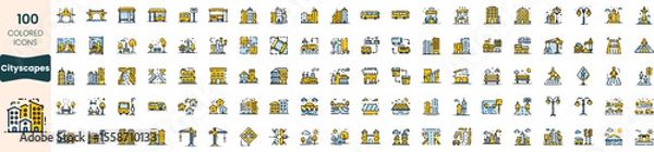 Fototapeta Collection of 100 cityscape icons in various colors, showcasing urban elements such as buildings, transportation, and infrastructure in a playful design.