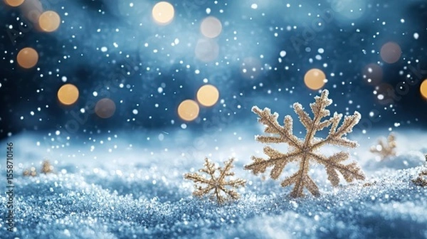Obraz Magical snowfall featuring 3D Christmas snowflakes falling over festive winter background with holiday spirit