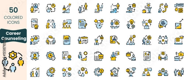 Fototapeta Collection of 50 icons illustrating various aspects of career counseling, featuring diverse figures and symbolizing job search, guidance, and professional growth.