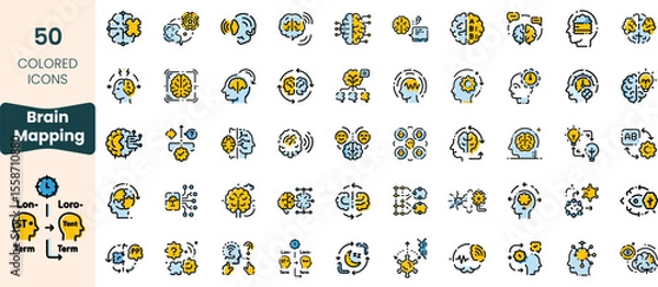 Fototapeta A collection of 50 colorful icons representing brain mapping concepts, including neurons, thoughts, and cognitive processes, designed for educational purposes.