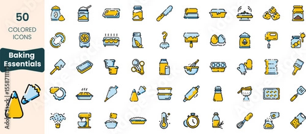 Fototapeta A colorful collection of 50 baking icons, including utensils, ingredients, and kitchen tools, showcasing essential items for every baker's kitchen.