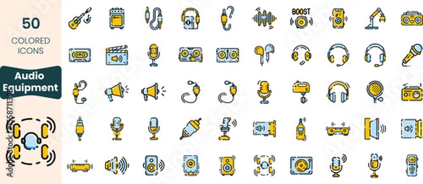 Fototapeta Collection of 50 colorful audio equipment icons, featuring microphones, speakers, headphones, and instruments, perfect for music and audio enthusiasts.