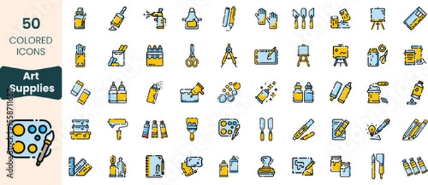 Fototapeta Collection of 50 art supplies icons, featuring various tools and materials for creativity, set against a clean white background. Ideal for artistic themes.