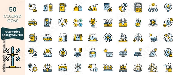 Fototapeta Collection of 50 alternative energy source icons showcasing eco-friendly technologies and renewable resources, ideal for sustainability themes.