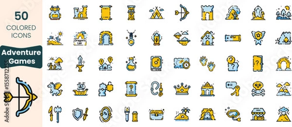 Fototapeta A colorful collection of 50 adventure-themed icons featuring castles, weapons, treasures, and mythical elements, ideal for gaming and fantasy designs.