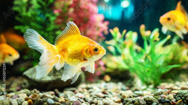 Fototapeta Macro shot of goldfish swimming in clean aquarium with decorative gravel and green plants, store shelf in background