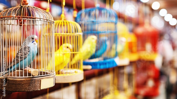 Fototapeta Realistic close-up of bird cages on pet store shelf, one with colorful parrot toys, wooden perch, and metal bars