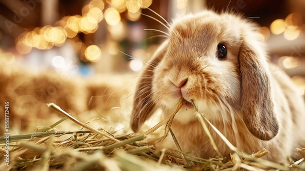 Fototapeta Realistic close-up of a rabbit eating fresh hay in clean pet store enclosure with soft fur detail and cozy warm lighting