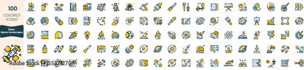 Fototapeta Collection of 100 colorful icons, featuring various themes like technology, nature, and tools. Perfect for enhancing visual communication in projects.