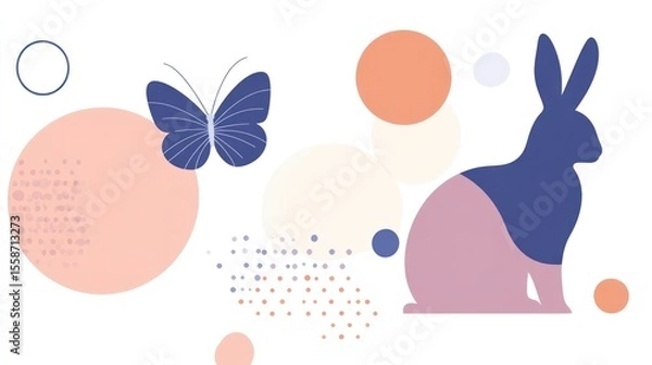 Fototapeta Abstract graphic design with a rabbit, butterfly, and circles. Soft color palette