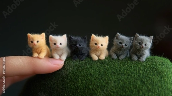 Fototapeta Five tiny kittens of varied colors on a hand, atop miniature grass