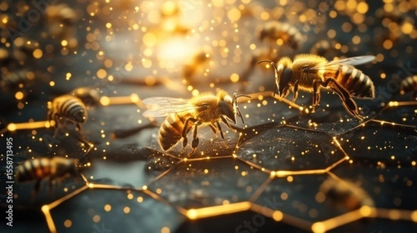 Fototapeta Golden bees on a honeycomb structure with glowing particles