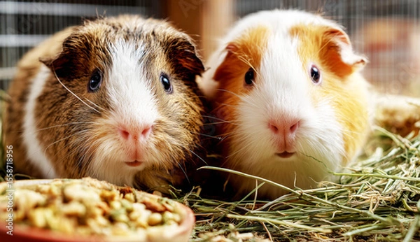 Fototapeta Realistic close-up of guinea pigs in clean glass enclosure with fresh hay, food bowl, and bright store lightin