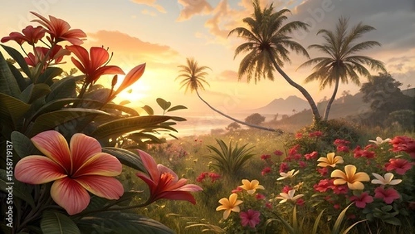 Fototapeta Tropical Flower Garden at Sunset – Vibrant Colors, Serene Beauty