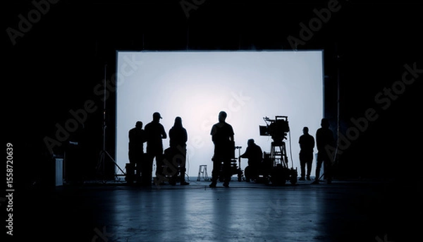 Fototapeta Silhouetted film crew on busy studio set with lighting rigs, cameras, and white screen backdrop—cinematic soundstage scene capturing behind-the-scenes teamwork and filmmaking atmosphere