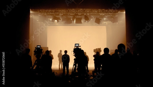Fototapeta Silhouetted film crew on busy studio set with lighting rigs, cameras, and white screen backdrop—cinematic soundstage scene capturing behind-the-scenes teamwork and filmmaking atmosphere