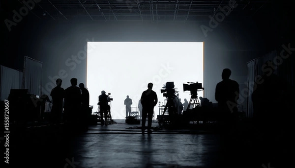 Fototapeta Silhouetted film crew on busy studio set with lighting rigs, cameras, and white screen backdrop—cinematic soundstage scene capturing behind-the-scenes teamwork and filmmaking atmosphere