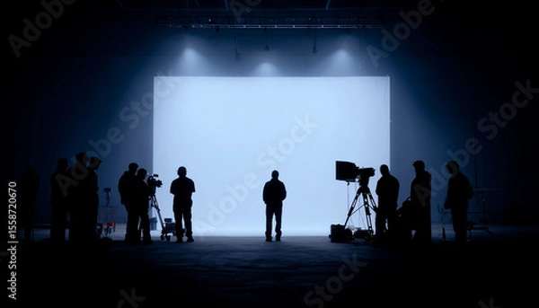 Fototapeta Silhouetted film crew on busy studio set with lighting rigs, cameras, and white screen backdrop—cinematic soundstage scene capturing behind-the-scenes teamwork and filmmaking atmosphere