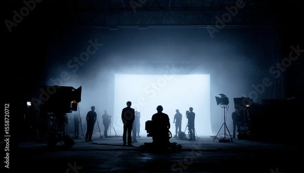 Fototapeta Silhouetted film crew on busy studio set with lighting rigs, cameras, and white screen backdrop—cinematic soundstage scene capturing behind-the-scenes teamwork and filmmaking atmosphere