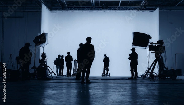Fototapeta Silhouetted film crew on busy studio set with lighting rigs, cameras, and white screen backdrop—cinematic soundstage scene capturing behind-the-scenes teamwork and filmmaking atmosphere