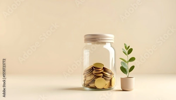 Obraz Symbolic visuals blending money, savings, and green energy with clean minimal style and soft lighting. AI-Generated!

