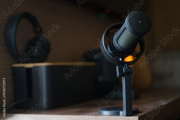 Obraz Close-up of a professional condenser microphone mounted on a desk stand in a dimly lit home recording studio, ideal for podcasting, streaming, radio broadcasts. Photo. Selective focus. High resolution