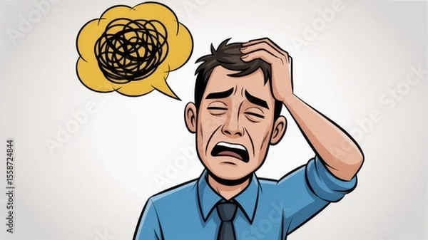 Fototapeta Cartoon man feeling stressed and overwhelmed, holding head with frustrated expression and confusion symbol above indicating anxiety or mental overload.