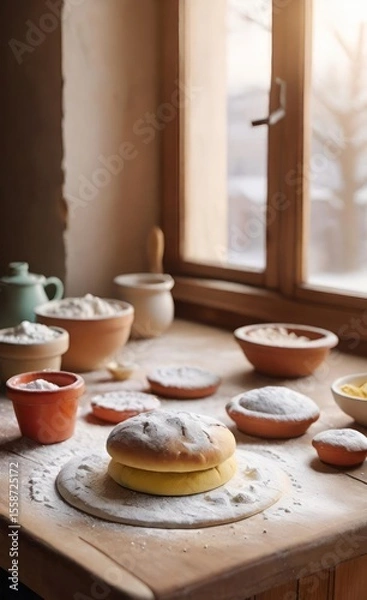 Fototapeta Freshly Baked Flatbread on Wooden Table in Rustic Country Kitchen