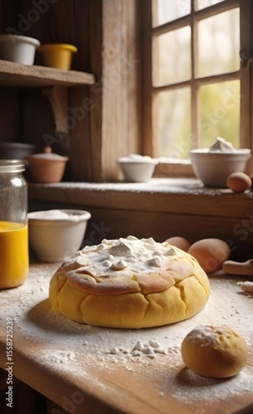 Fototapeta Homemade Flour-Dusted Bread with Kitchen Utensils in Cozy Natural Light