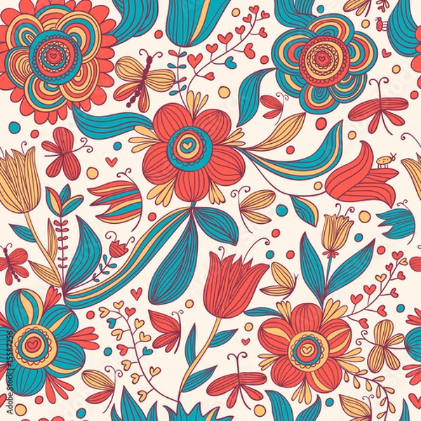 Fototapeta Floral seamless pattern with butterflies