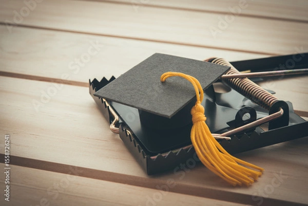 Fototapeta Graduation cap in a rat trap on wooden table background. College or university degrees are not important in future, education loan and unemployment or jobless rate problem, digital disruption concept.