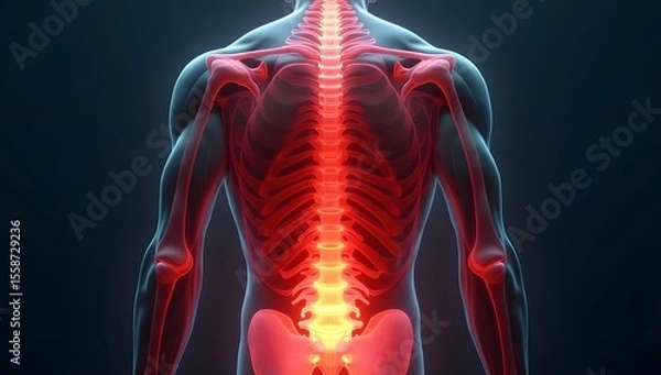 Obraz Anatomical image of inflamed lower back muscles and spine under strain. AI-Generated!